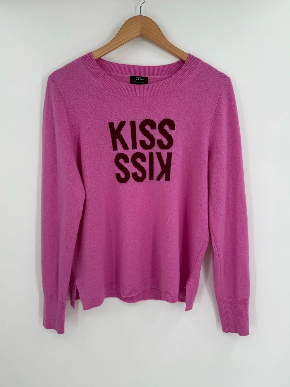 J.Crew Kiss Graphic 100% Cashmere Crewneck Long Sleeve Sweater | Pink | Large